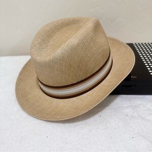 Montana tan canvas fedora hat, stripe band, made in Columbia XL 23” cigar bar‍‍﻿